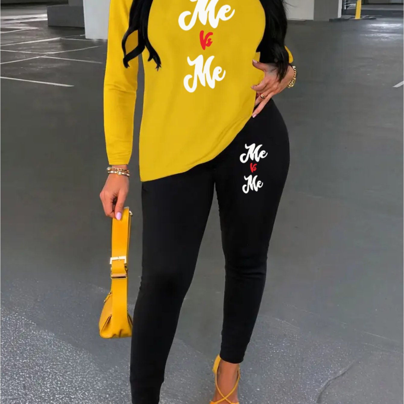 Women's Me Vs Me Print Long Sleeve Outfit - Made from Polyester Blend Knit Fabric, Round Neck Autumn/Winter Set, Includes Pants And Top, Perfect for Business And Casual Attire, an Ideal Gift Choice.