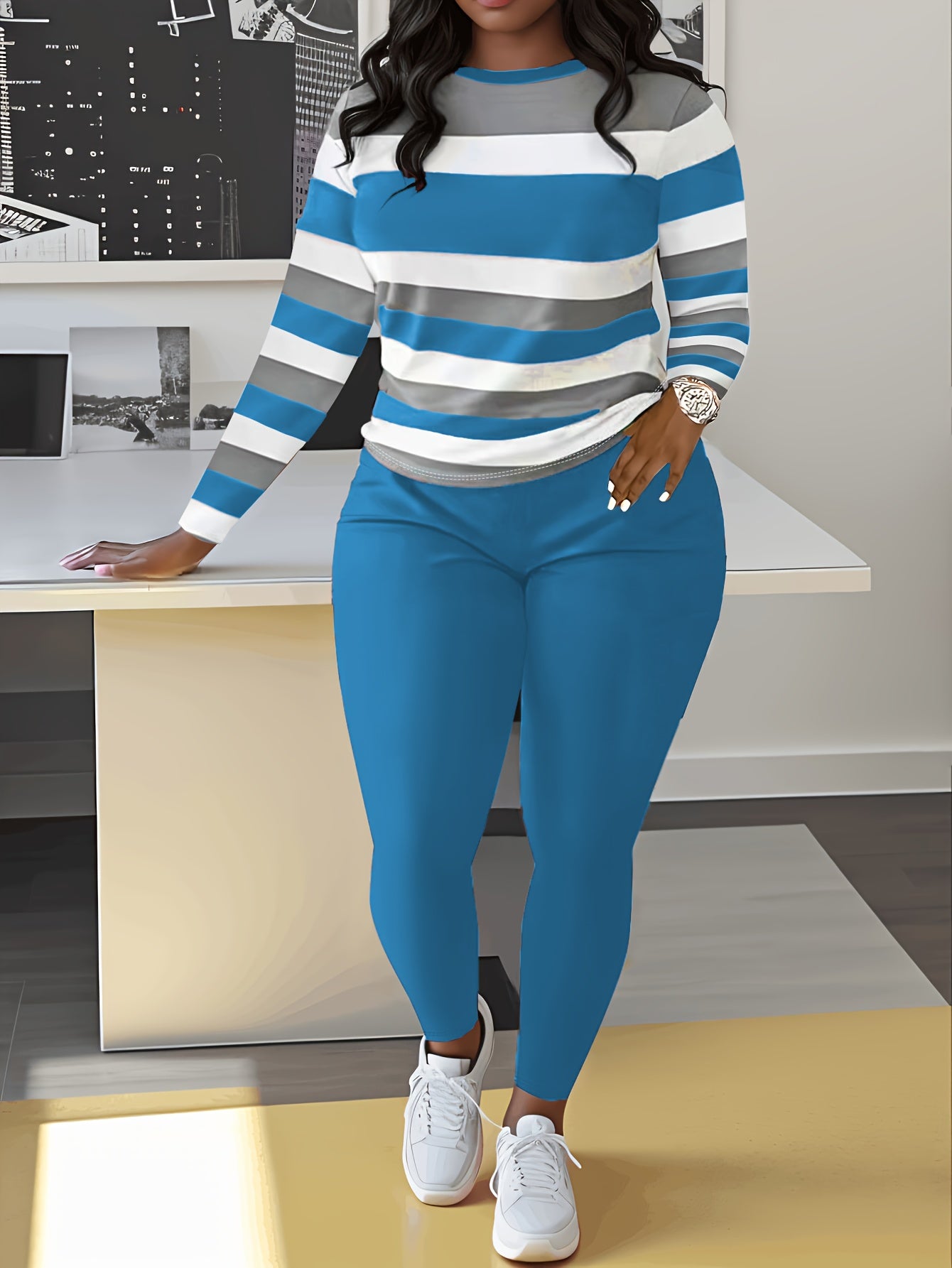 Slim Matching Two-piece Set, Casual Long Sleeve Crew Neck Striped Color Block T-shirt & Solid Elastic Waist Pants Outfits, Women's Clothing