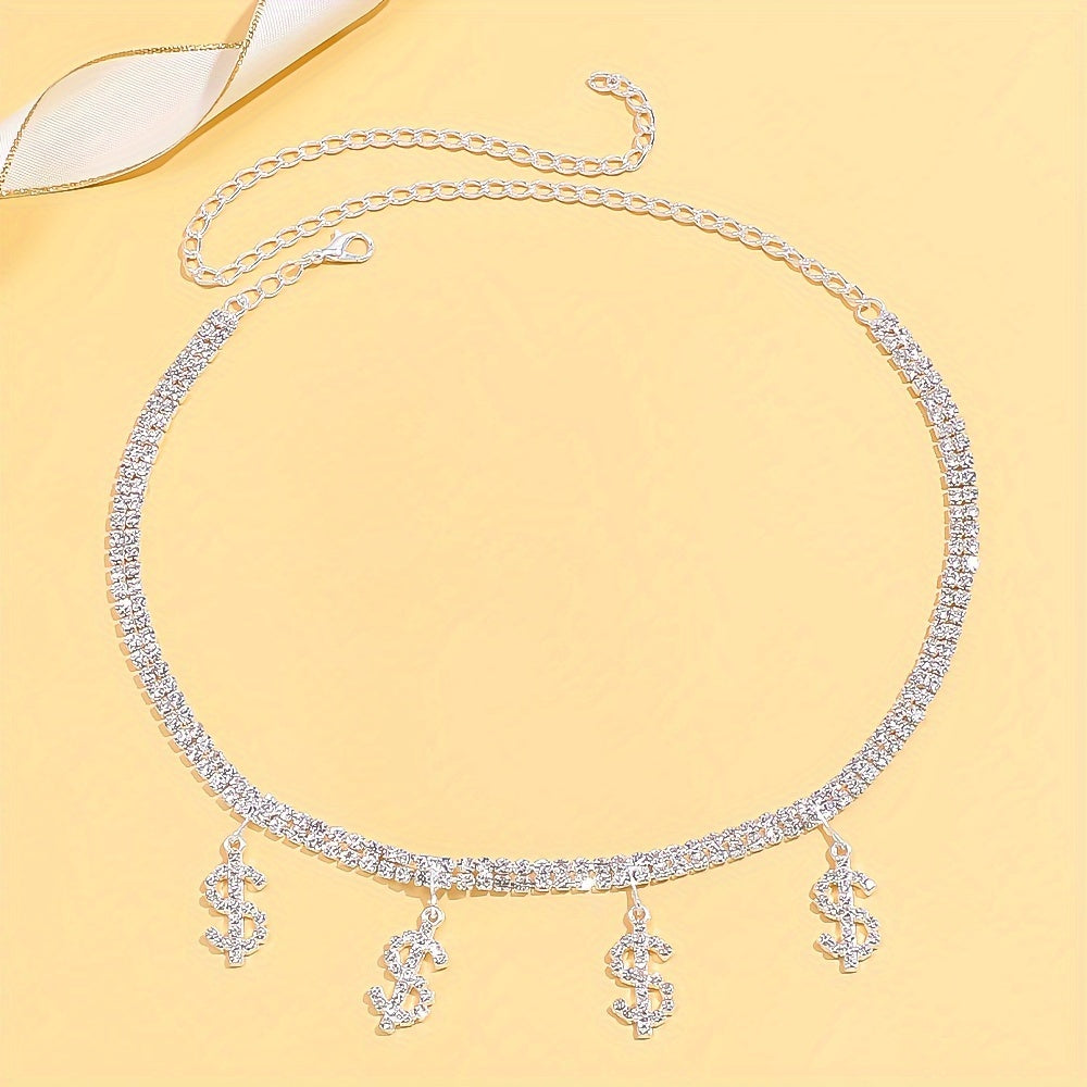Glamorous Shiny US Dollar Symbol Necklace, Full Of Rhinestones Hip-hop Necklace Collarbone Chain