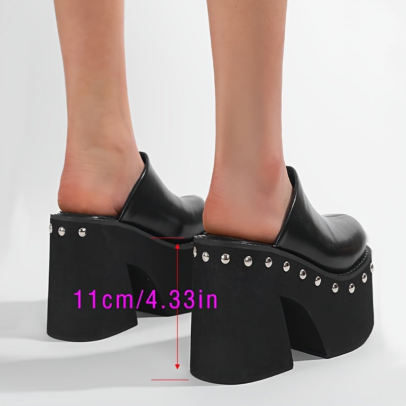 Women's Black Platform Wedge Sandals with Metallic Studs, Round Toe Slip-On High Heels - Stylish Summer Fashion Shoes for Parties and Events