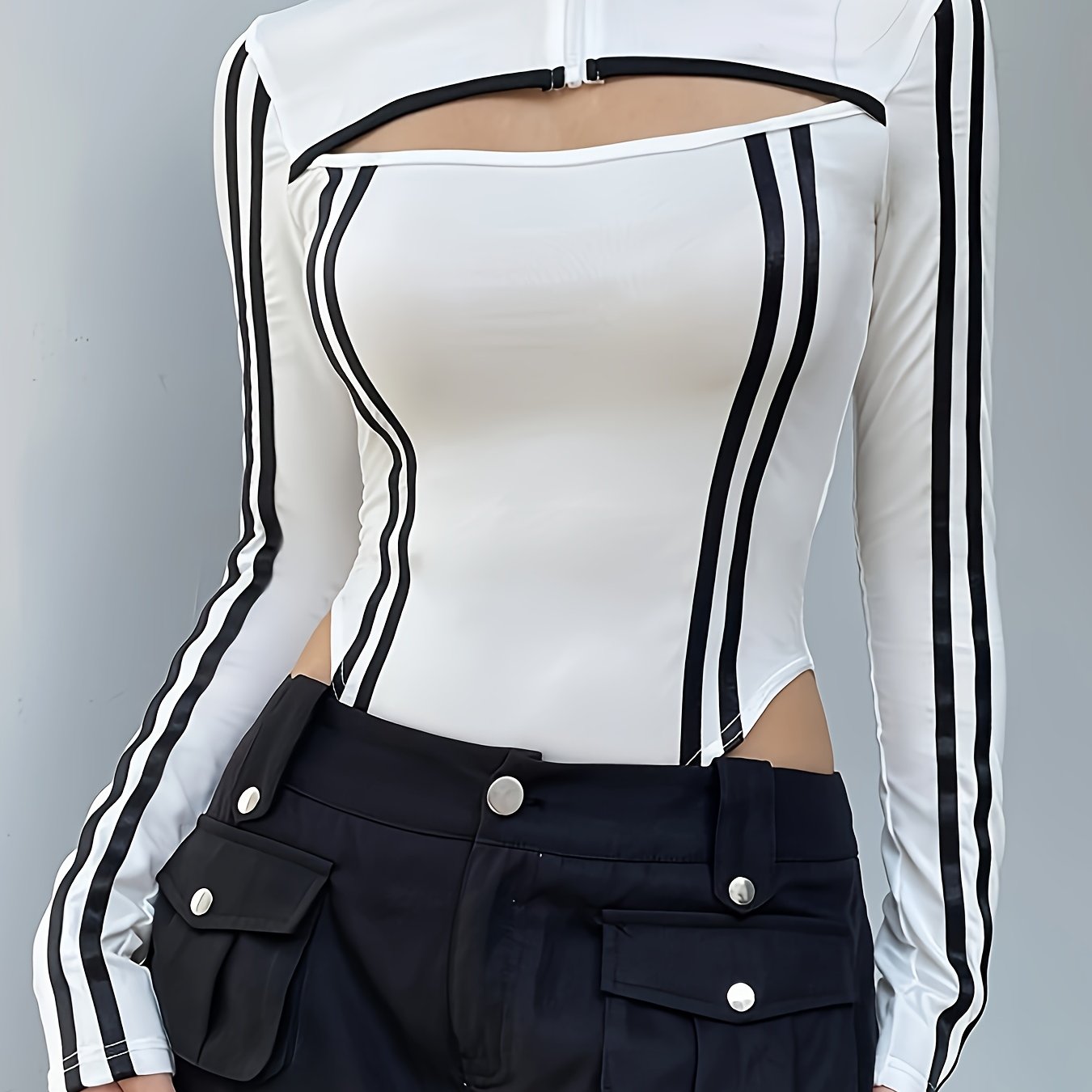 Women'S Long Sleeve Bodycon Top - White with Black Stripes, High Neck, Stand Collar, Zipper Detail, Skinny Fit, Perfect for Casual & Formal Occasions, Versatile Clothing | Stylish Long Sleeve Top | Knit Construction, Long Sle