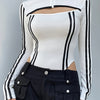 Women'S Long Sleeve Bodycon Top - White with Black Stripes, High Neck, Stand Collar, Zipper Detail, Skinny Fit, Perfect for Casual & Formal Occasions, Versatile Clothing | Stylish Long Sleeve Top | Knit Construction, Long Sle
