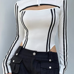 Women'S Long Sleeve Bodycon Top - White with Black Stripes, High Neck, Stand Collar, Zipper Detail, Skinny Fit, Perfect for Casual & Formal Occasions, Versatile Clothing | Stylish Long Sleeve Top | Knit Construction, Long Sle