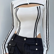 Women'S Long Sleeve Bodycon Top - White with Black Stripes, High Neck, Stand Collar, Zipper Detail, Skinny Fit, Perfect for Casual & Formal Occasions, Versatile Clothing | Stylish Long Sleeve Top | Knit Construction, Long Sle