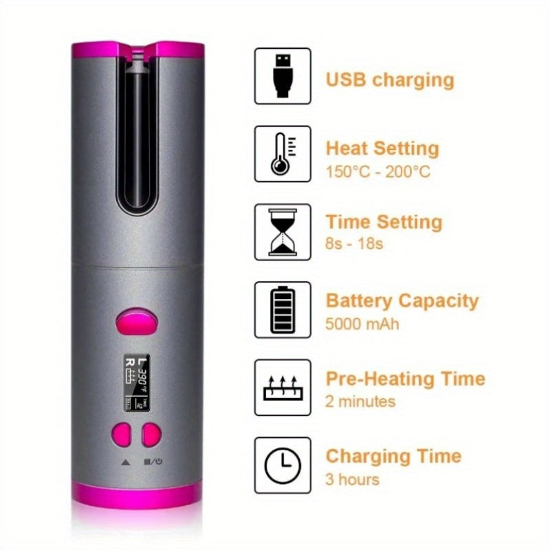 Portable Wireless LCD Display Rechargeable Ceramic Heating Antiperm Hair Curlers Automatic Electric Power Source Curling Irons