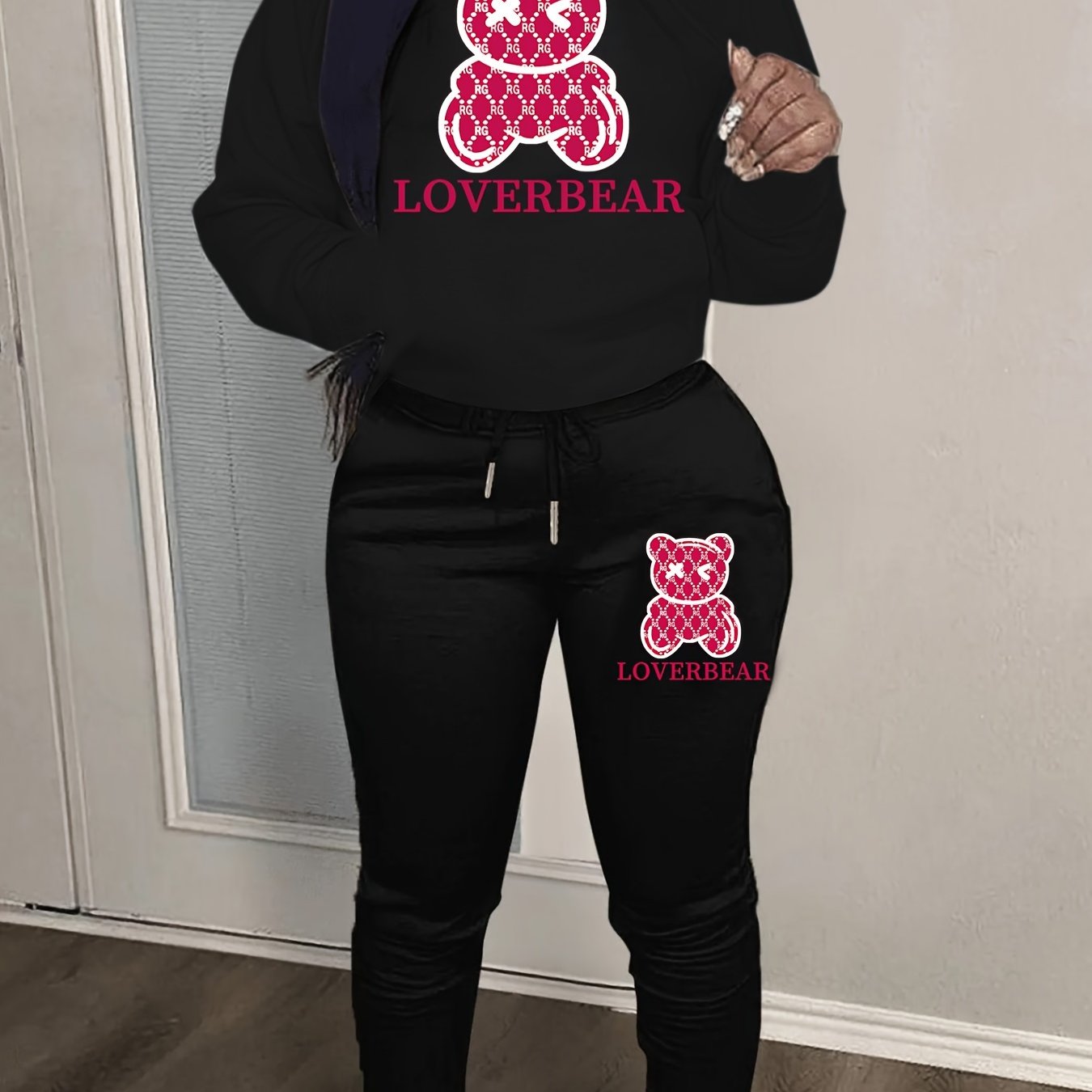 Cartoon Bear Print Two-piece Set, Drawstring Long Sleeve Hoodies & Workout Jogger Pants Outfits, Women's Clothing