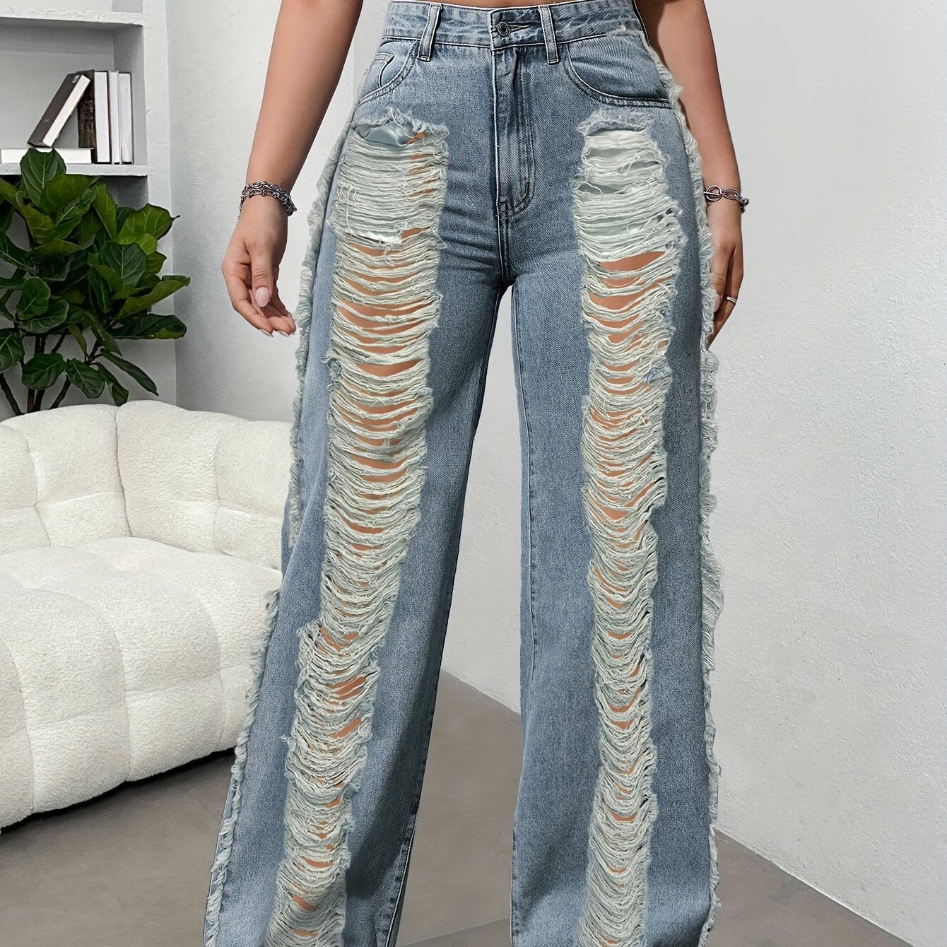 Women's High-Waisted Straight-Leg Distressed Ripped Jeans - 450gsm Heavyweight Denim Pants with Frayed Hem, 73% Blend, Machine Washable, All-Season Casual Wear, Relaxed Fit Pants | Raw Hem Design | Rugged Denim Texture