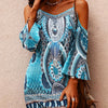 Boho Style Cold Shoulder Dress, Casual Flare Sleeve Spaghetti Strap Dress For Vacation, Women's Clothing
