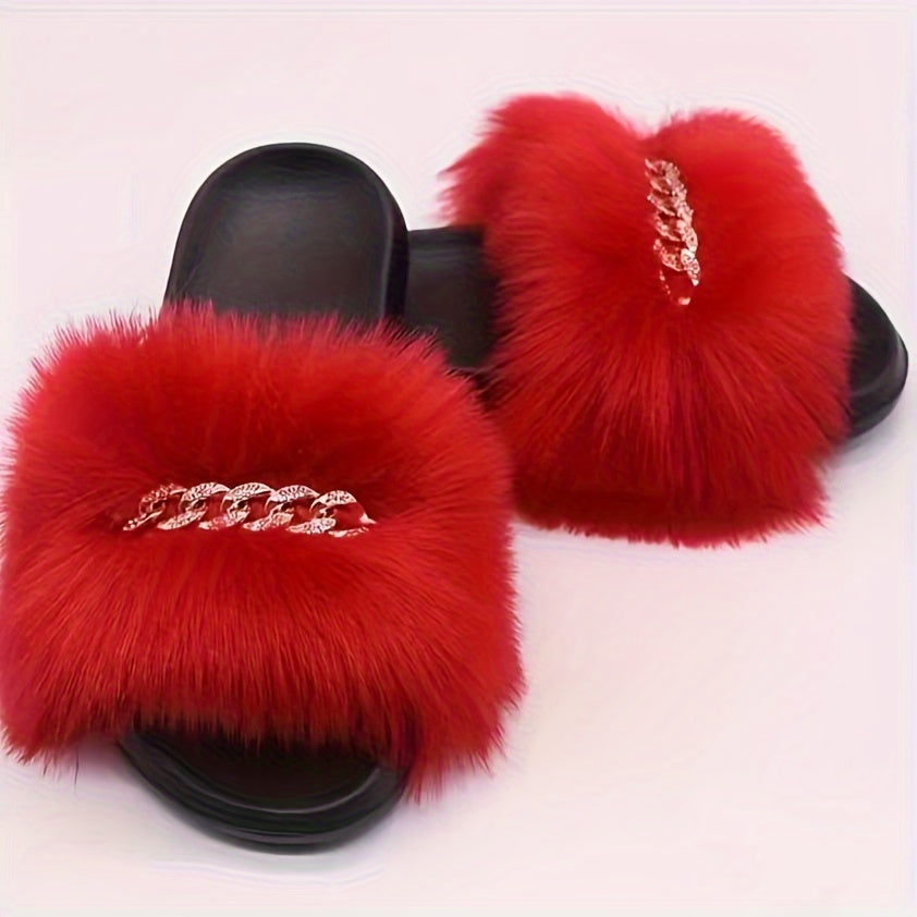 Women's Faux Fur Slip-On Sandals - Open-Toe Summer Slide Shoes with Back Strap, Plush Comfort & Elegant Design for Casual Outings, Beach, Lounging
