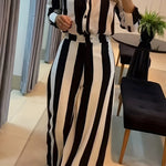 A Two-Piece Set Featuring a Stylish Black And White Striped Shirt with Button Pocket Design And Wide-Leg Pants for Autumn Leisure.