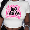 Women's "Big Mama" Graphic Crop Top - Casual Round Neck Short Sleeve, Stretchy Polyester Blend, White with Pink Lettering & Hearts, Summer Essential for Moms, Summer Top | Trendy Casual Style | Glossy Finish