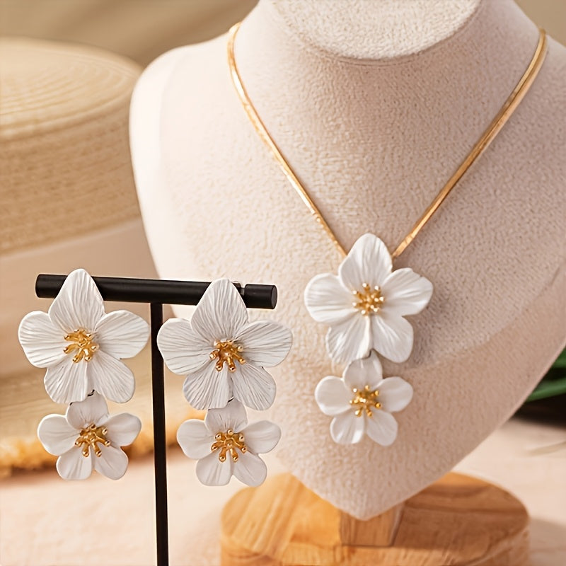 2pcs/set Fashionable And Elegant Flower Pendant Necklace And Earrings Jewelry Set Suitable for Women's Daily Gatherings, Parties, Holiday Travel, And As A Gift for Your Wife On Festivals