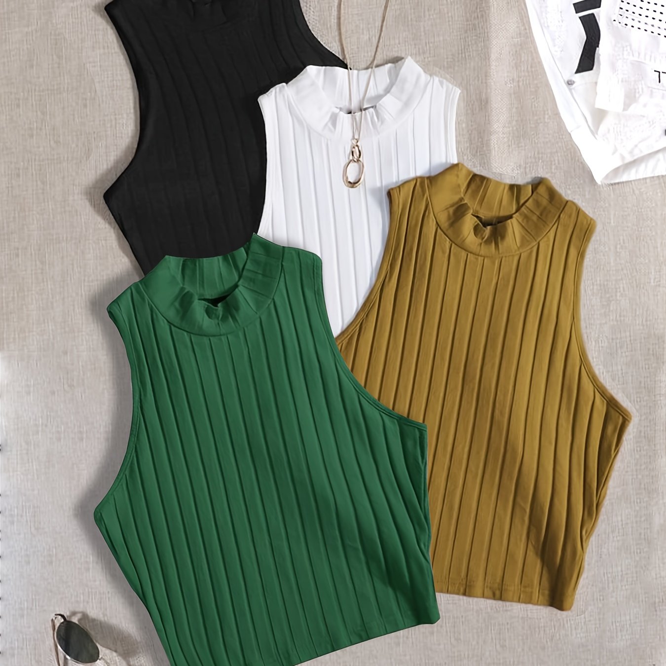 Women's 4-Piece Solid Color Sleeveless Crop Tank Top Set – Crew Neck Knit Tops for Spring & Summer Layering