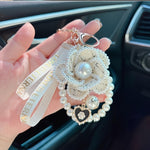 Pearl Element Handmade Fabric Camellia Women's Car Fans Keychain, Bag Charms, Handbag Charms