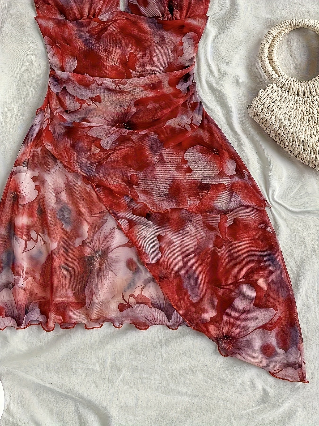 Women's Floral Print V-Neck Halter Sleeveless Dress - Lightweight Semi-Sheer Summer Dress with Ruched Waist & Ruffled Hem, Machine Washable for Beach, Casual, or Evening Outfits, Beach Wear | Flowy Fabric, Beach Dress