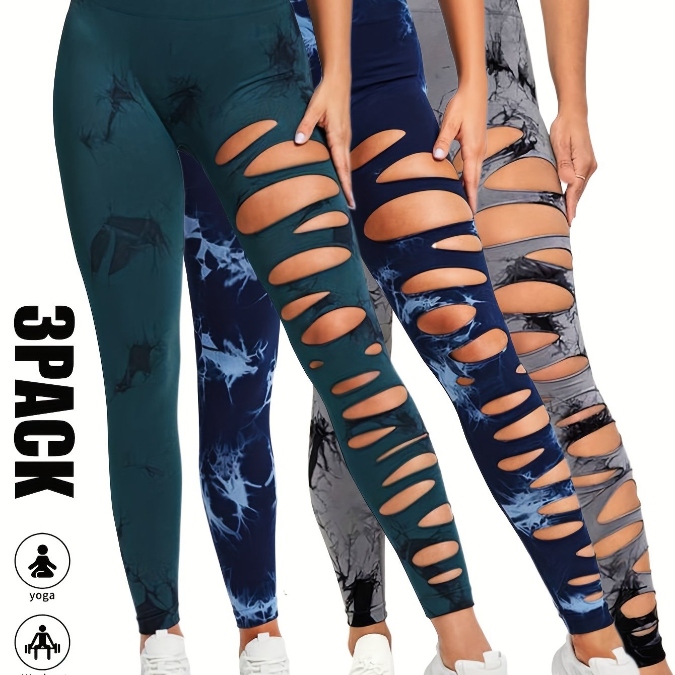 [3 Pack High Waist Yoga Leggings] 3 Pack Women's Tie Dye Cutout Tights High Waist Workout Yoga Leggings, Scrunch Butt Lifting Elastic Pants, Womens High Waist Yoga Pants Cutout Ripped Tummy Control Workout Running Yoga Skinny