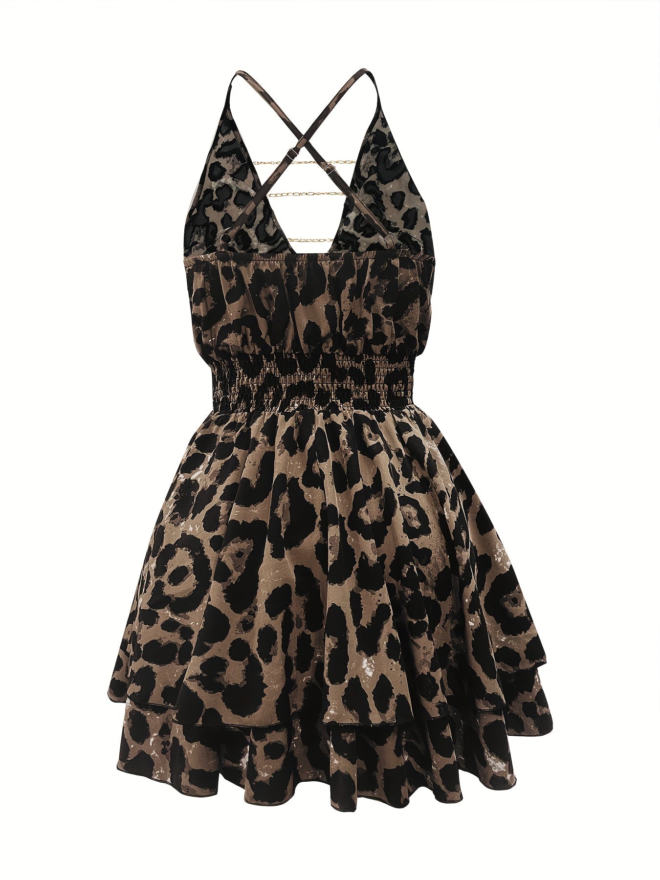 Sexy Leopard Print Sleeveless V-Neck Dress with Adjustable Buckle Waist & Metallic Chain Accents - Short Flared Skirt, Machine Washable Spring/Summer Party Dress for Women