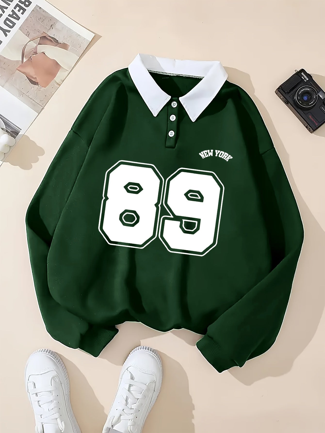 Women's Fashion Sweatshirt, 100% Polyester Knit Fabric, Geometric Pattern, Lapel Collar with Button Detail, All-Season Casual Pullover