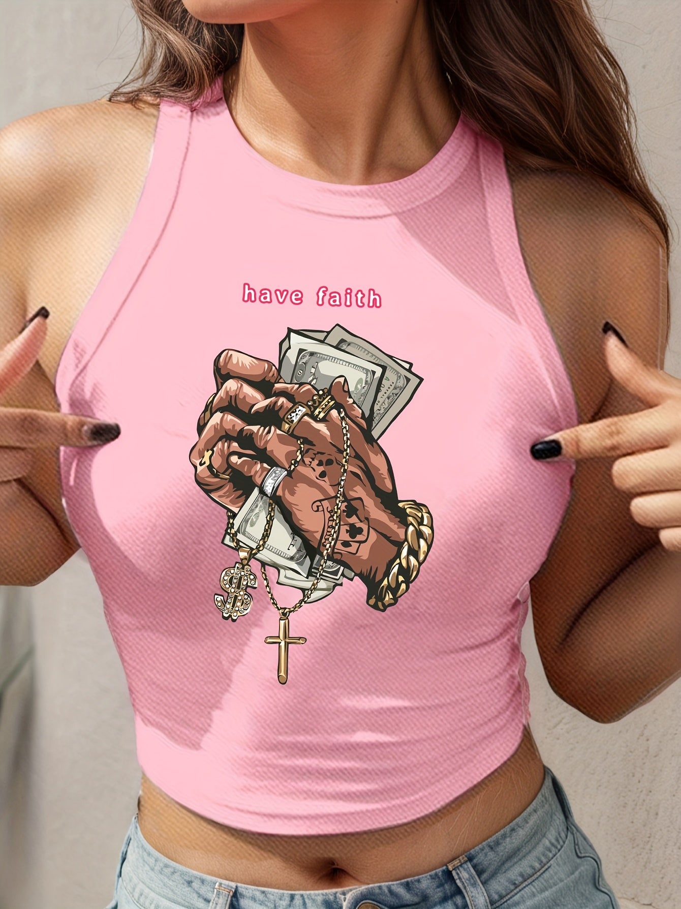 Women'S "The Gangsta" Graphic Crop Top Tank Top - Sleeveless, Light Blue with Money & Handshake Design, Casual Summer Tee for Adults, Casual Attire | Playful Print | Polyester Blen