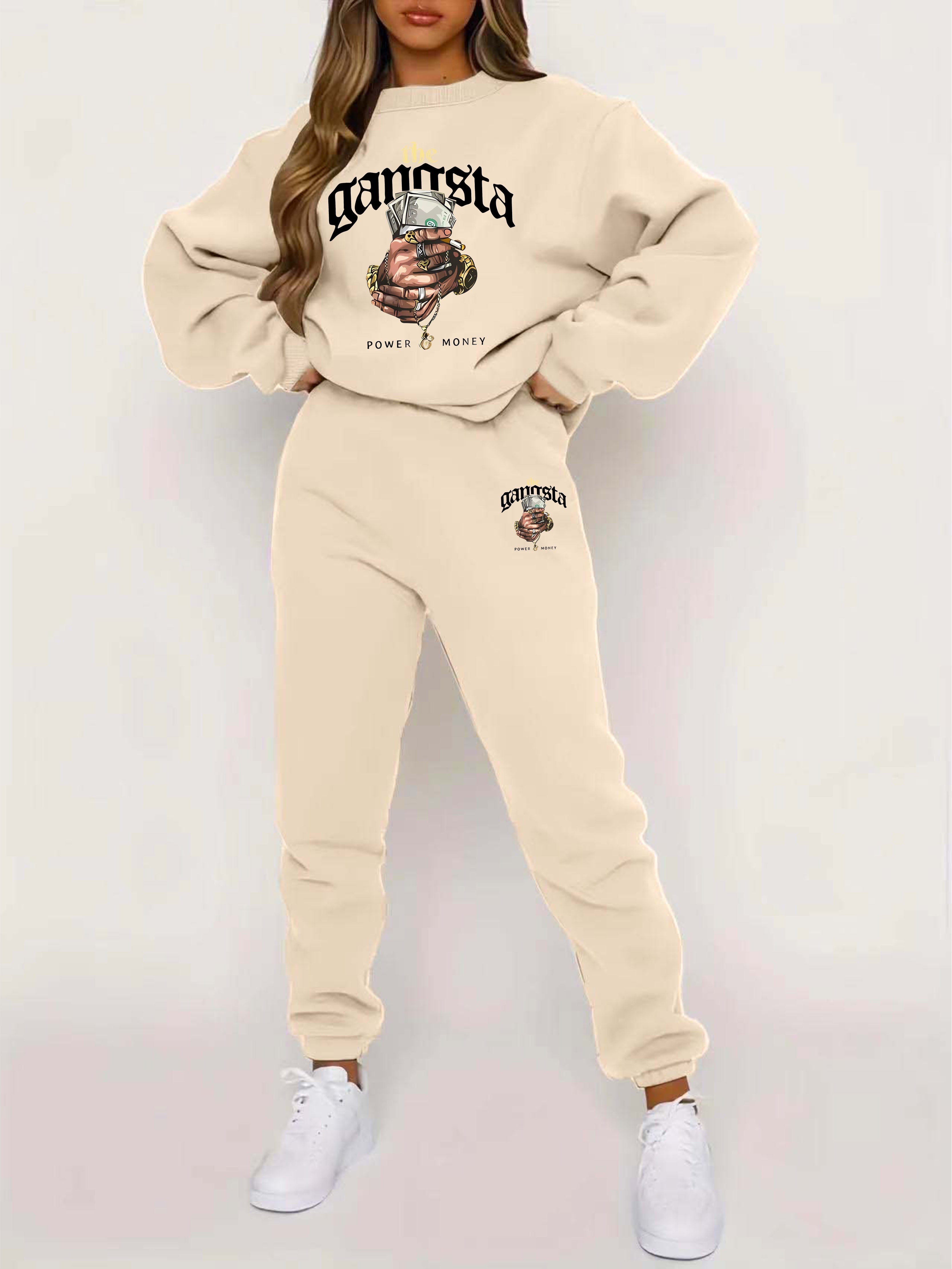 Two-Piece Pants Set - Casual Graphic Print, Warm Fleece, Long Sleeve Crew Neck Pullover Shirt, Skinny Elastic Waist Pants, Women's Clothing Outfits for Everyday Wear