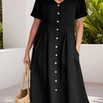 Ladies' Summer Casual Button Mini Dress, Pleated Short-Sleeved Solid Color Loose High-Waisted And Linen Dress