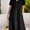 Ladies' Summer Casual Button Mini Dress, Pleated Short-Sleeved Solid Color Loose High-Waisted And Linen Dress