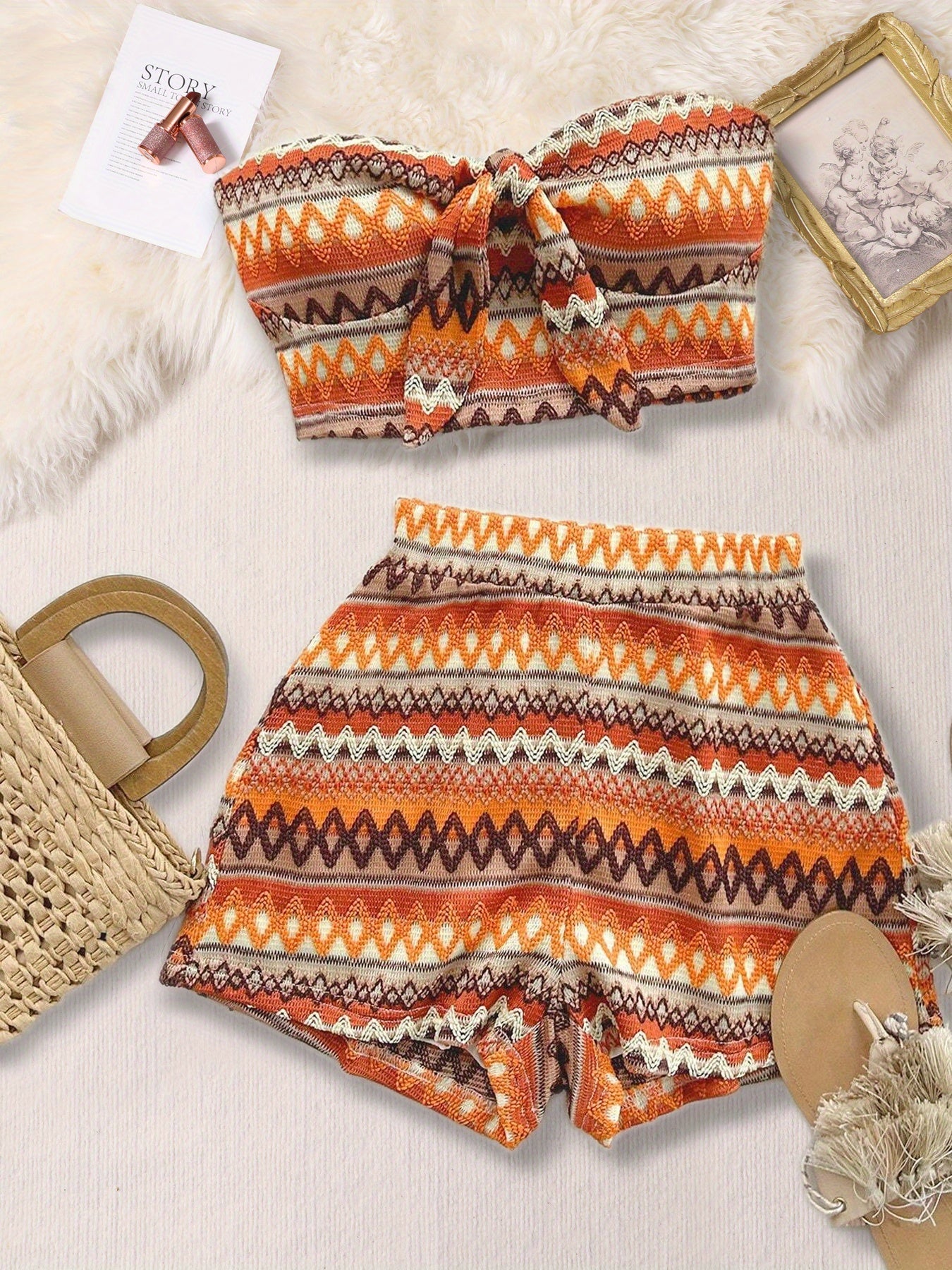 Women'S Summer Colorful Striped Elastic Sexy 2pcs Set/ Front Strap Top and High Waist Shorts, Suitable for Vacation and Daily Travel