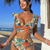 Floral Print Two-piece Bikini with Front Cross and Rear Tie and High Waist with Lotus Leaf Hem