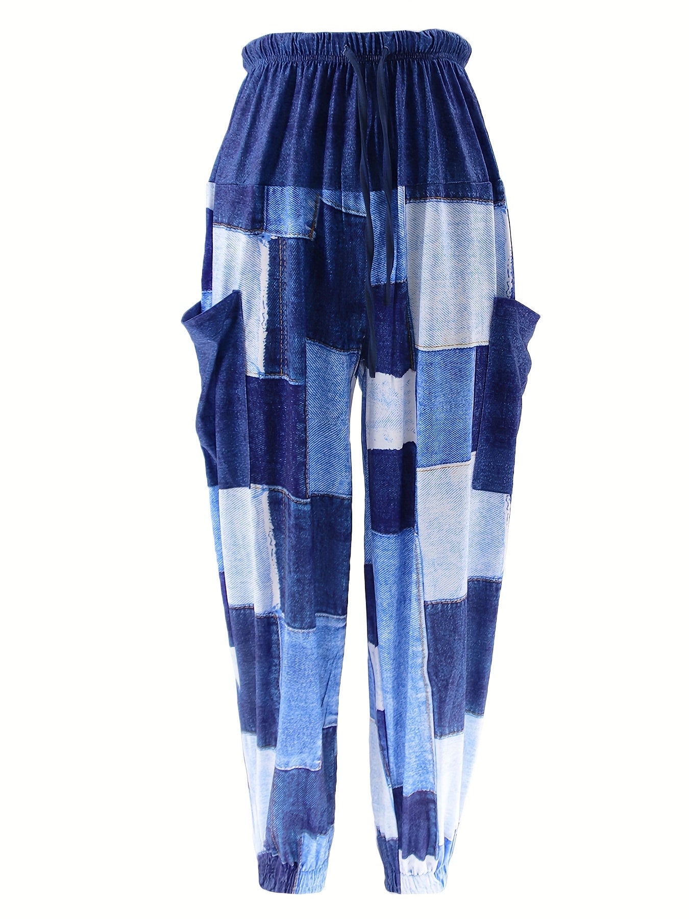 Women's High-Waisted Imitation Denim Print Wide-Leg Pants - Relaxed Fit 9/10 Length with Elastic Waist Drawstring, Color Block Design & Side Pockets for Casual Outings, Casual Attire, Stretchy Fabric