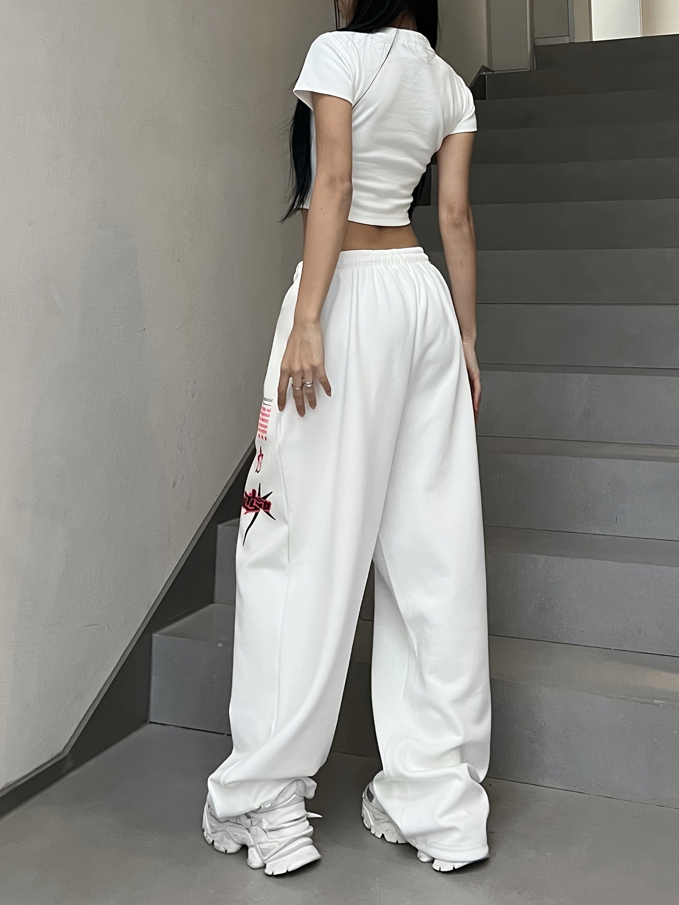 [All-Season Comfort Veronica Pants] Women's Casual White Jogger Pants with Bold "VERONICA" Print - Polyester, Drawstring Waist, Machine Washable, All-Season Comfort