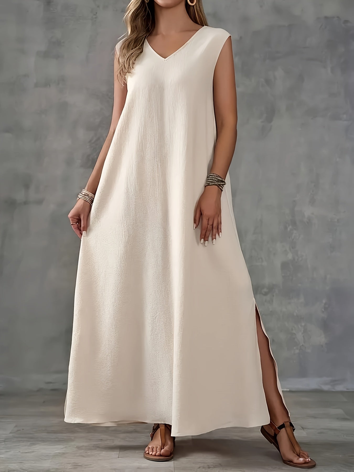 Women's Elegant V-Neck Sleeveless Maxi Dress - Solid Color, A-Line Cut, Lightweight Polyester Fabric, Perfect for Spring/Summer Casual Wear, Casual Elegant Dress | Minimalist Style | Glossy Texture, Cute Dress