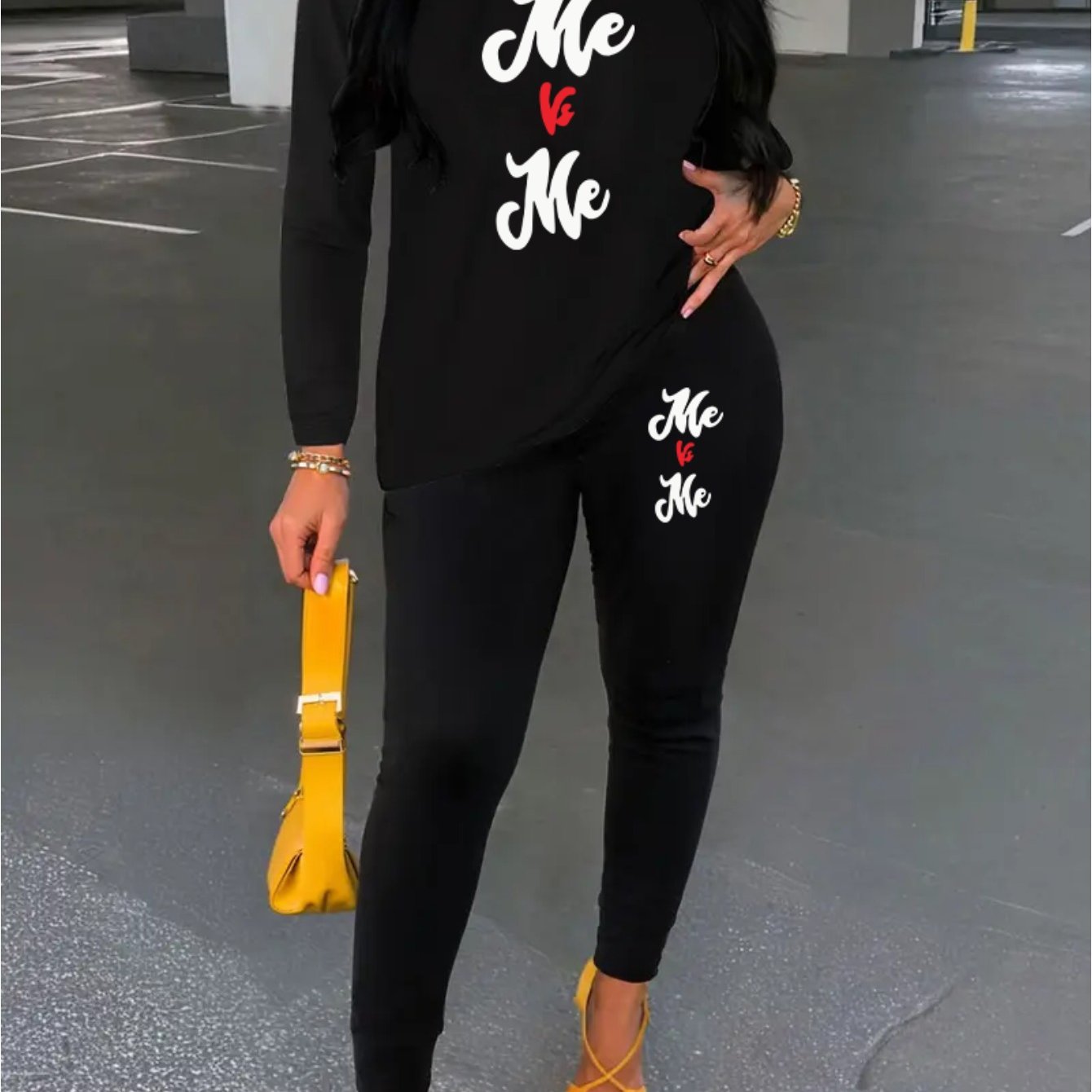 Women's Me Vs Me Print Long Sleeve Outfit - Made from Polyester Blend Knit Fabric, Round Neck Autumn/Winter Set, Includes Pants And Top, Perfect for Business And Casual Attire, an Ideal Gift Choice.