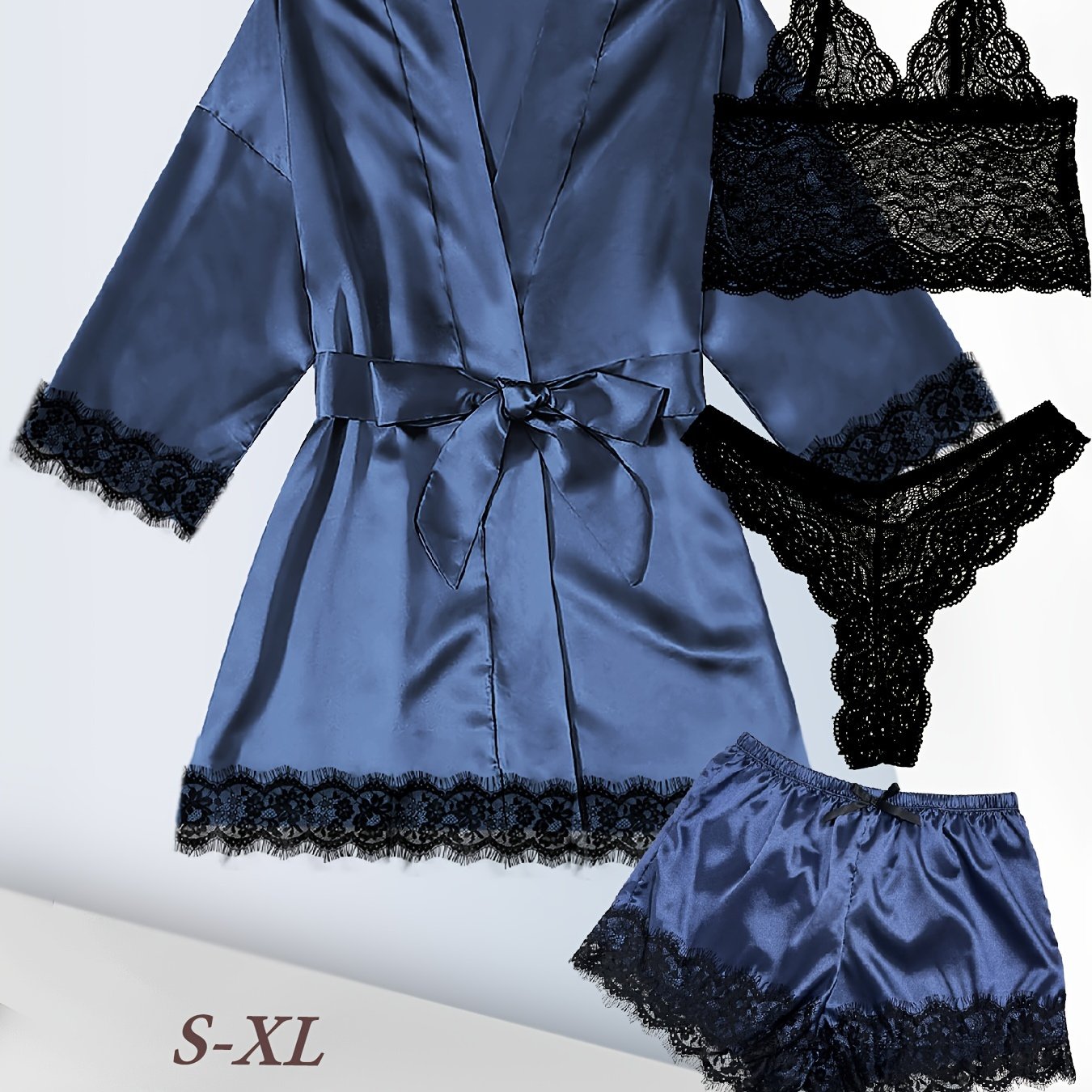 Women's Plus Sexy Lounge Set - Plus Size Satin Contrast Eyelash Lace Belted Nightgown & Camisole & Panty & Shorts With Free Eye Mask - For Women - Perfect for Lounging & Sleepwear - Ideal Gift for Her