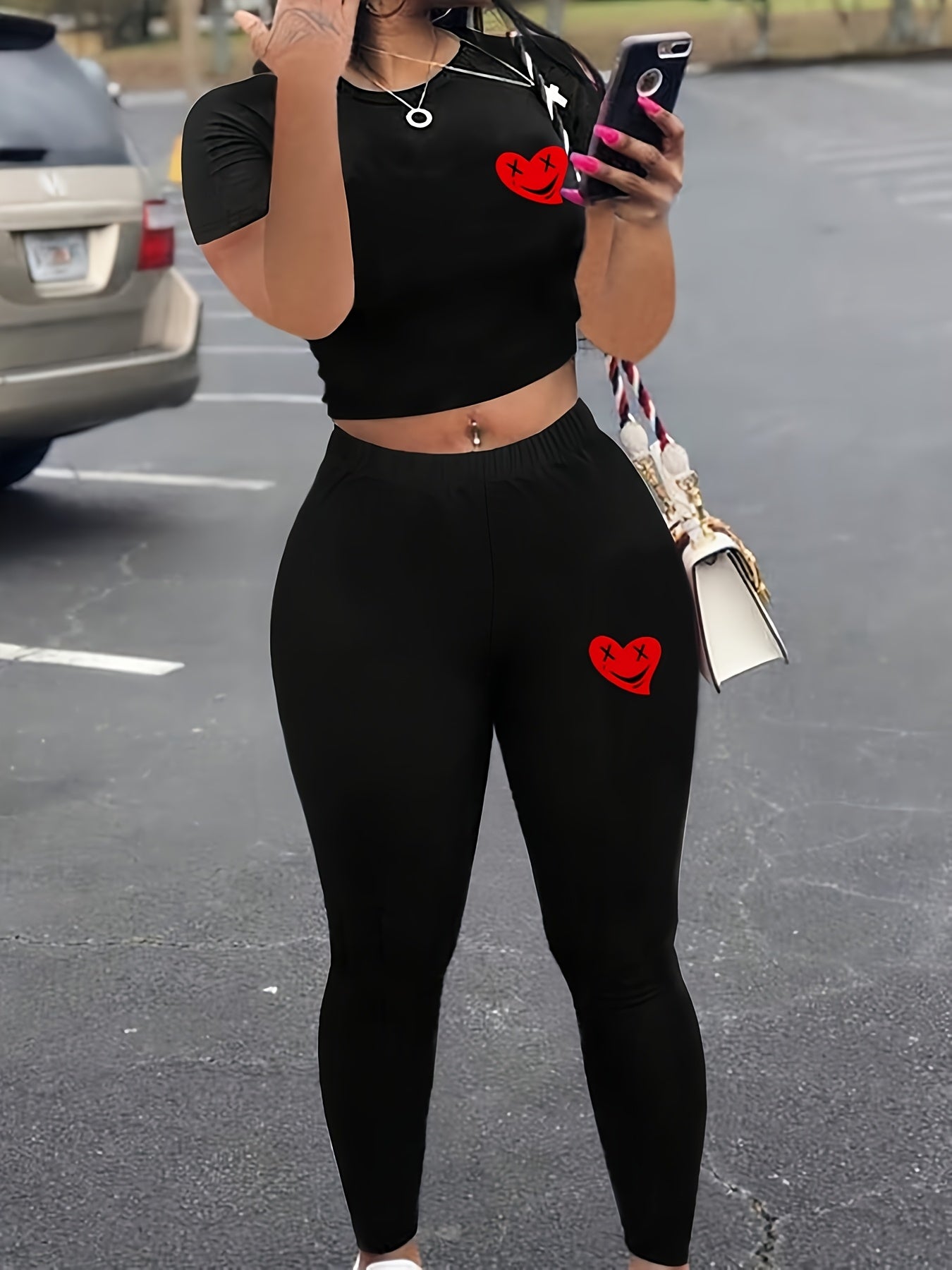 European and American Women'S Clothing with Letter Print, Casual and Motorcycle, Two-piece Set, Short Sleeve, Long Pants, Sexy, Casual, Outdoor Set