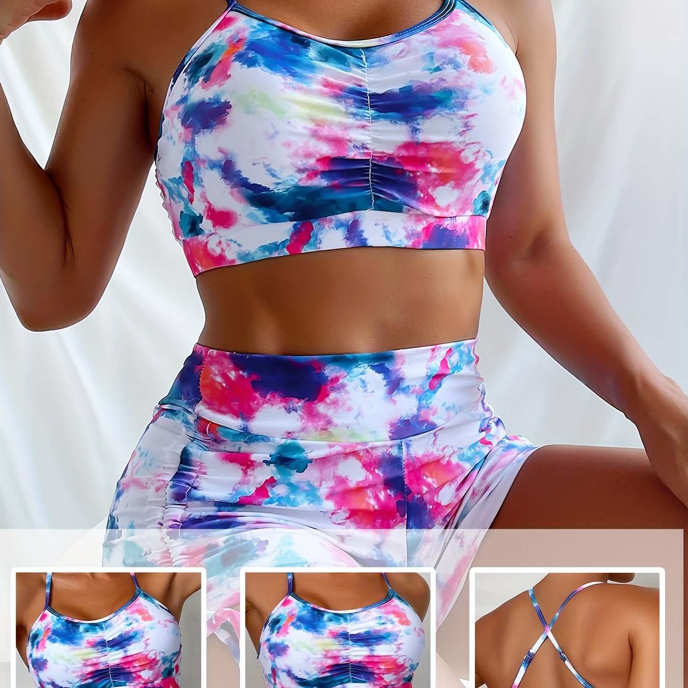 Tie Dye Drawstring High Waist 2 Piece Set Bikini, Criss Cross Spaghetti Strap Stretchy Swimsuits, Women's Swimwear & Clothing