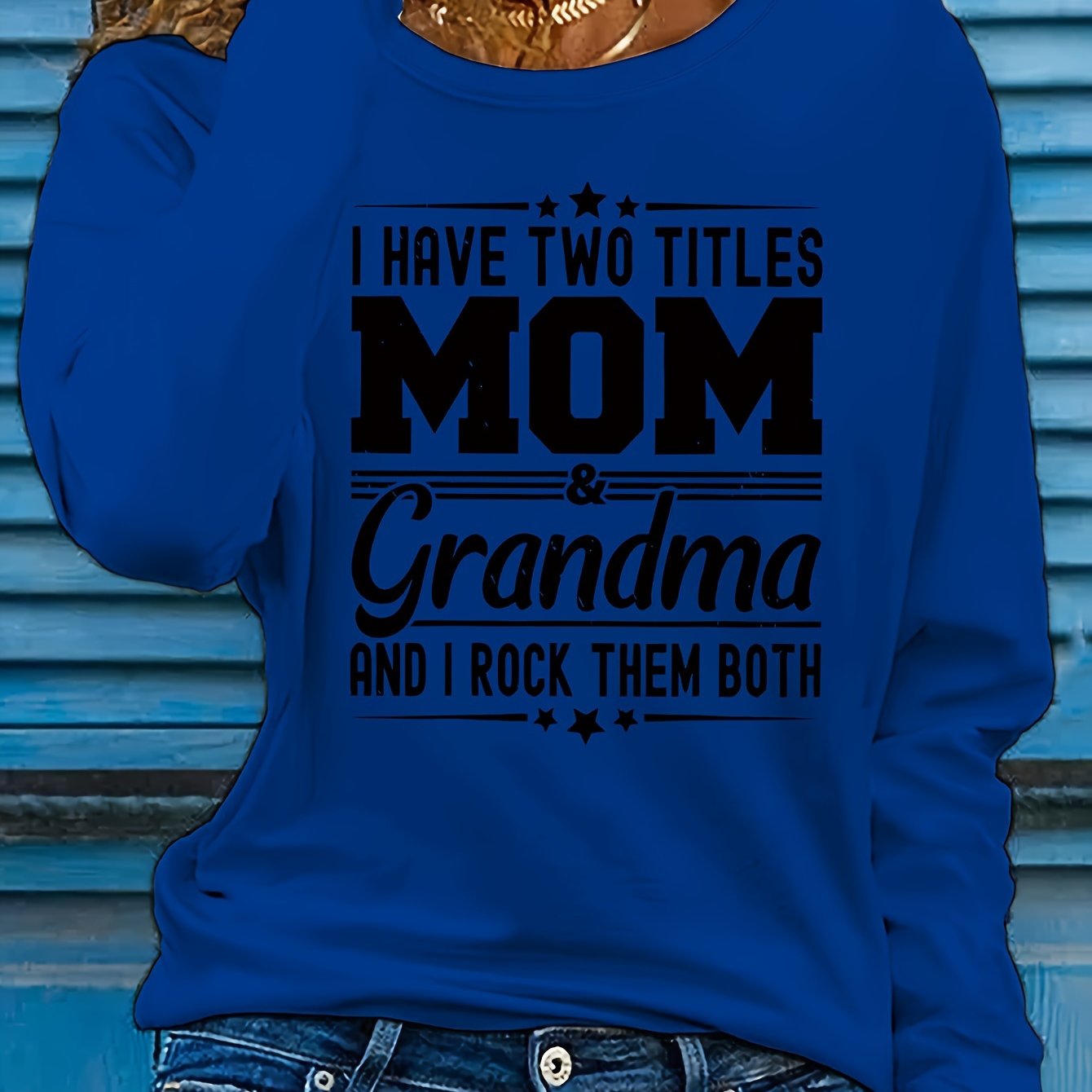 Women'S Long Sleeve Crew Neck T-Shirt with "Mom & Grandma" Letter Print, Casual Polyester Top for All Seasons, Knit Fabric with Medium Stretch, Regular Fit - Applique Detail