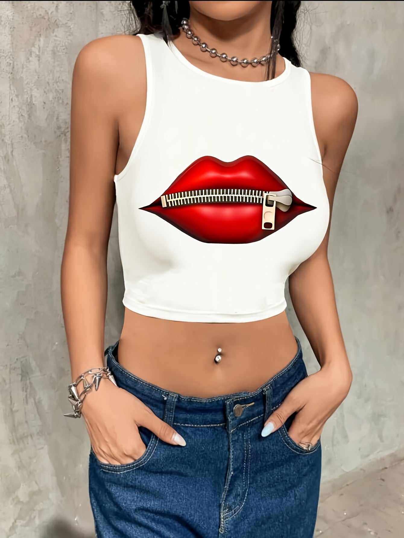 Valentine's Day Red Lip Print Round Neck High Elastic Tight Fit Print Short Top with Navel Exposed Women's Casual Sports Shirt