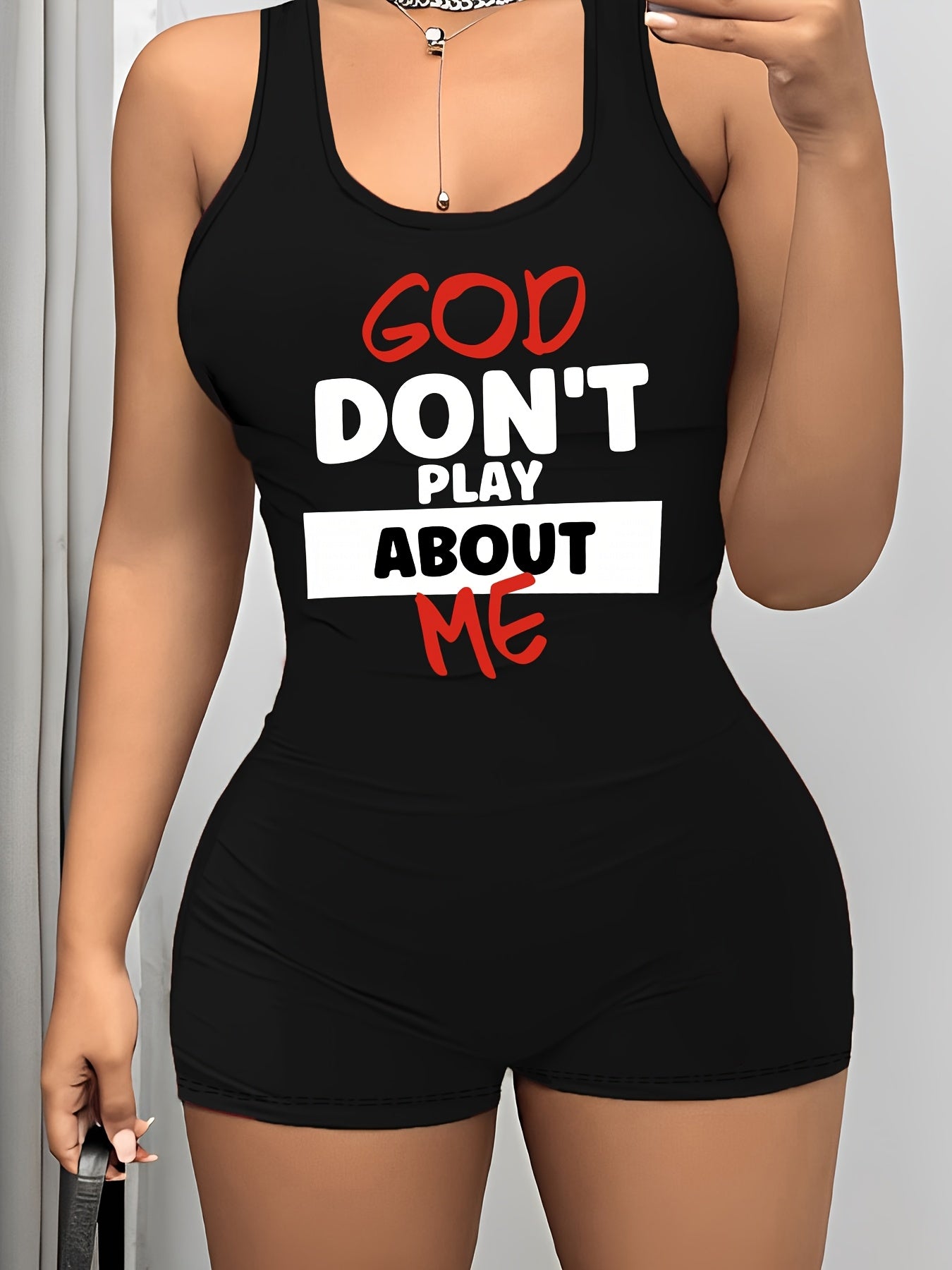 Women's Sexy Backless Jumpsuit with Bold "GOD DON'T PLAY ABOUT ME" Letter Print - Stretchy Polyester Romper, Machine Washable, Black with White & Red Design, Sleeveless Square Neckline, Form-Fitting Shorts Style, Fashion Stat