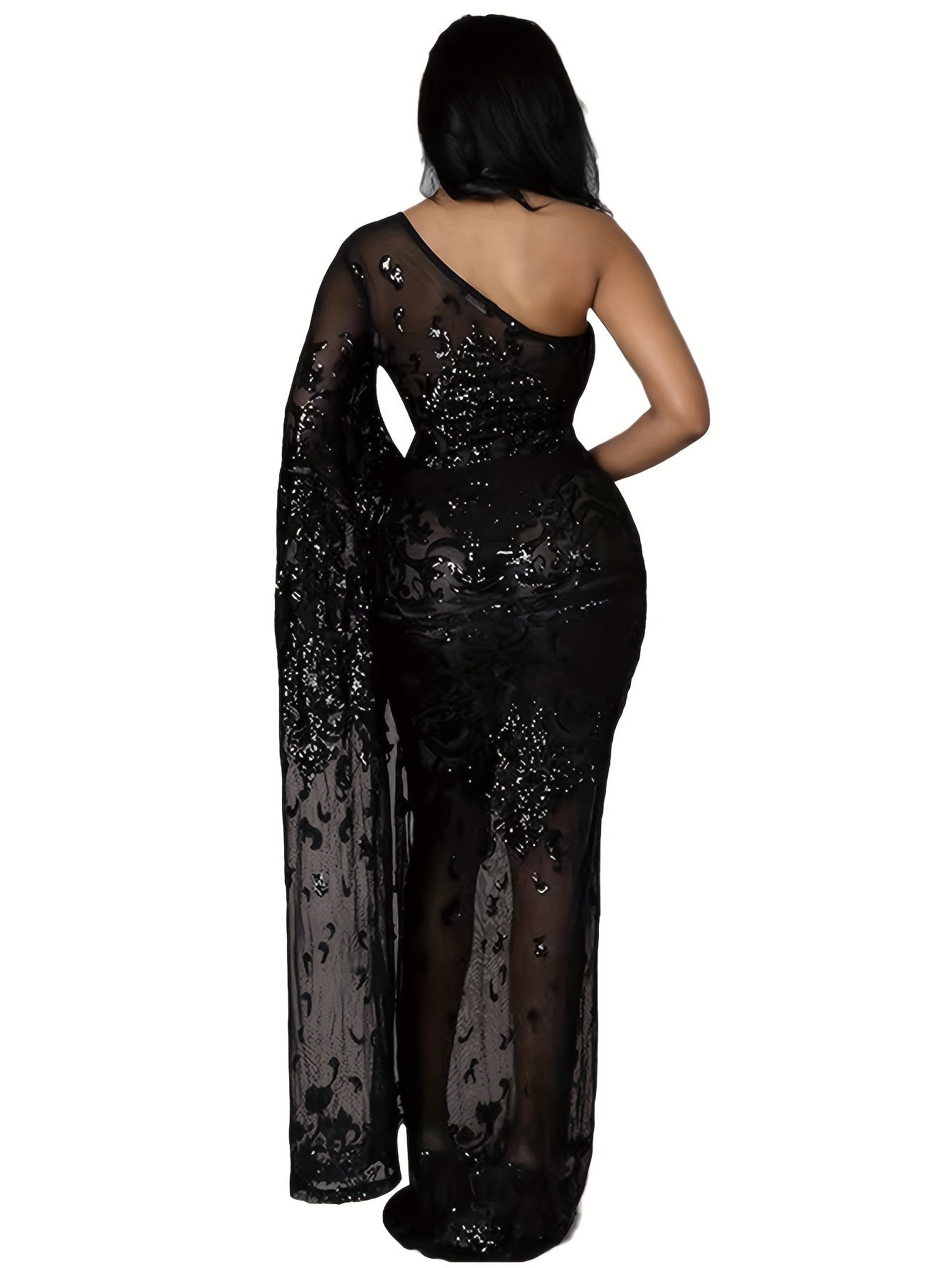 PORRCEY Sexy Women Sparkly Sequins One Shoulder Bodycon Maxi Dress Party Club Evening Dress