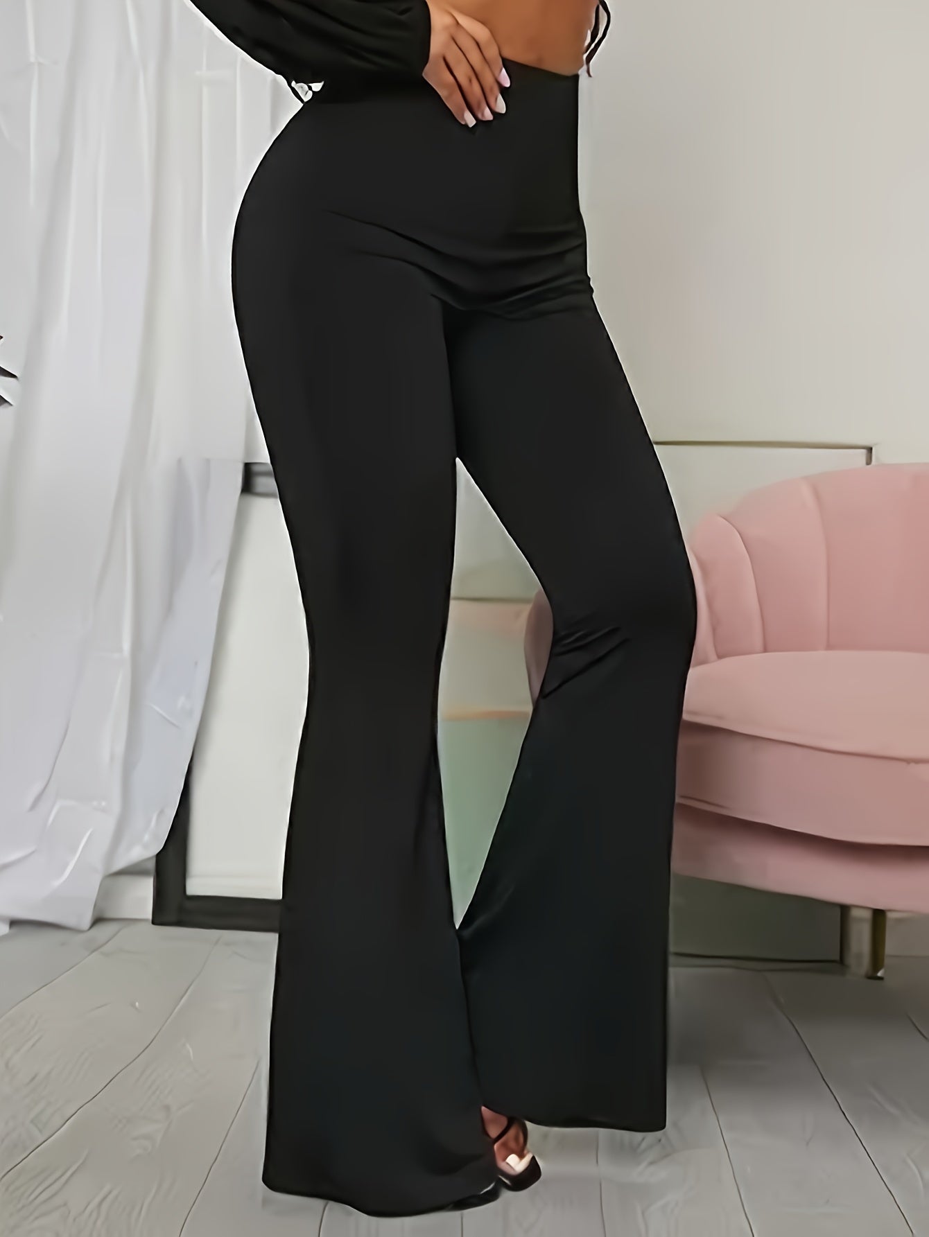 Solid Color Flare Leg Pants, Casual Versatile High Waist Pants For Spring & Summer, Women's Clothing