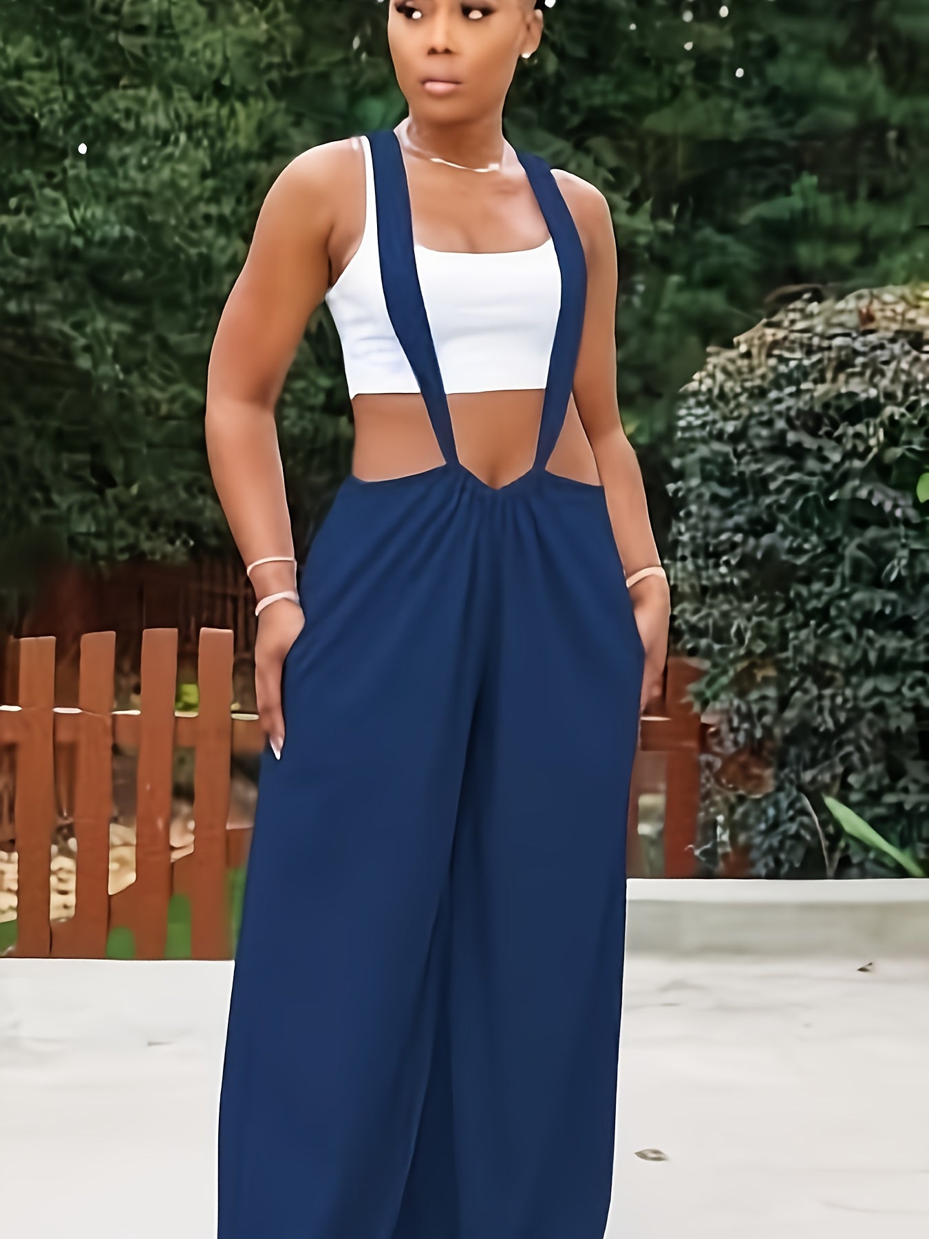 Women'S Elegant Solid Color Strapless Backless Jumpsuit with Pockets - Navy Blue, Long Length, Perfect for Spring/Summer/Fall, Stylish Wide Legs, Casual Attire|Backless Fashion|Chain Strap Detail, Jumpsuit