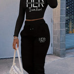 Long Sleeve Letter Print Crop Top and Sweatpants Set - 1set Women's Casual Polyester Athletic Leisure Wear - Round Neck, Drawstring Waist with Pockets, All Seasons