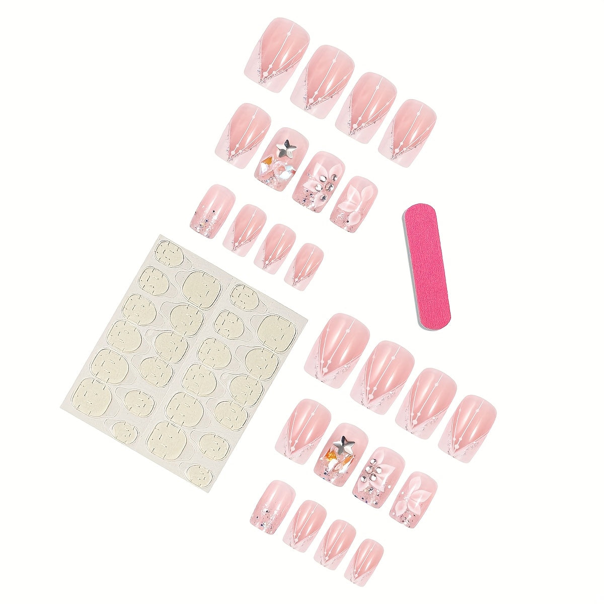 24pcs Elegant French White Glitter Flower Short Square Press-On Nails with Jelly Adhesive Tabs & Nail File - Nude & Fair Tone, Glossy Finish, Wearable Artificial Nail Set, Nail Art Decor|Floral Nail Design|Shiny Finish, Nail
