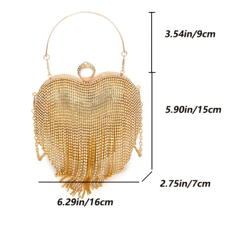 Elegant Heart-Shaped Rhinestone Evening Clutch with Tassel, Lightweight Acrylic Party Handbag with Removable Strap, Buckle Closure, Rayon Lined, No Pattern Design for Valentine'S Day