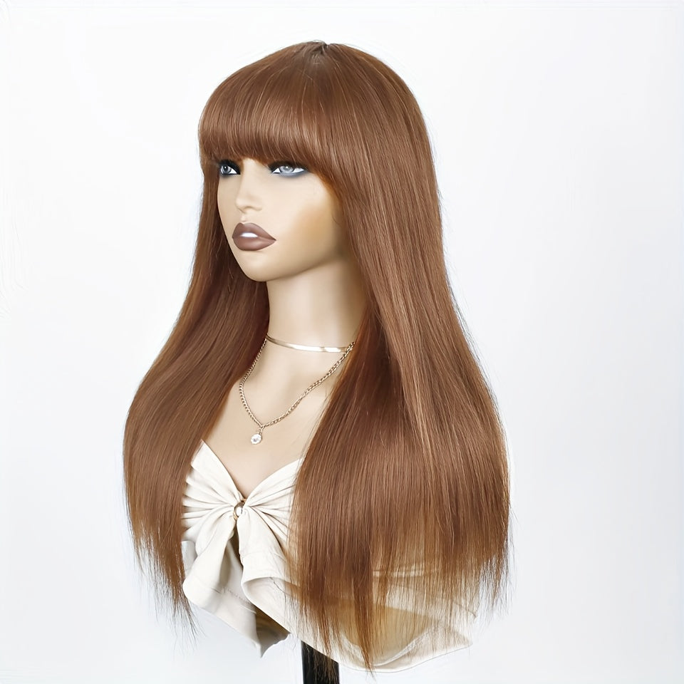 Light Brown Layer Cut Straight 13x4 Transparent Lace Front 180% Density Human Hair Wigs With Bangs For Women HDZ