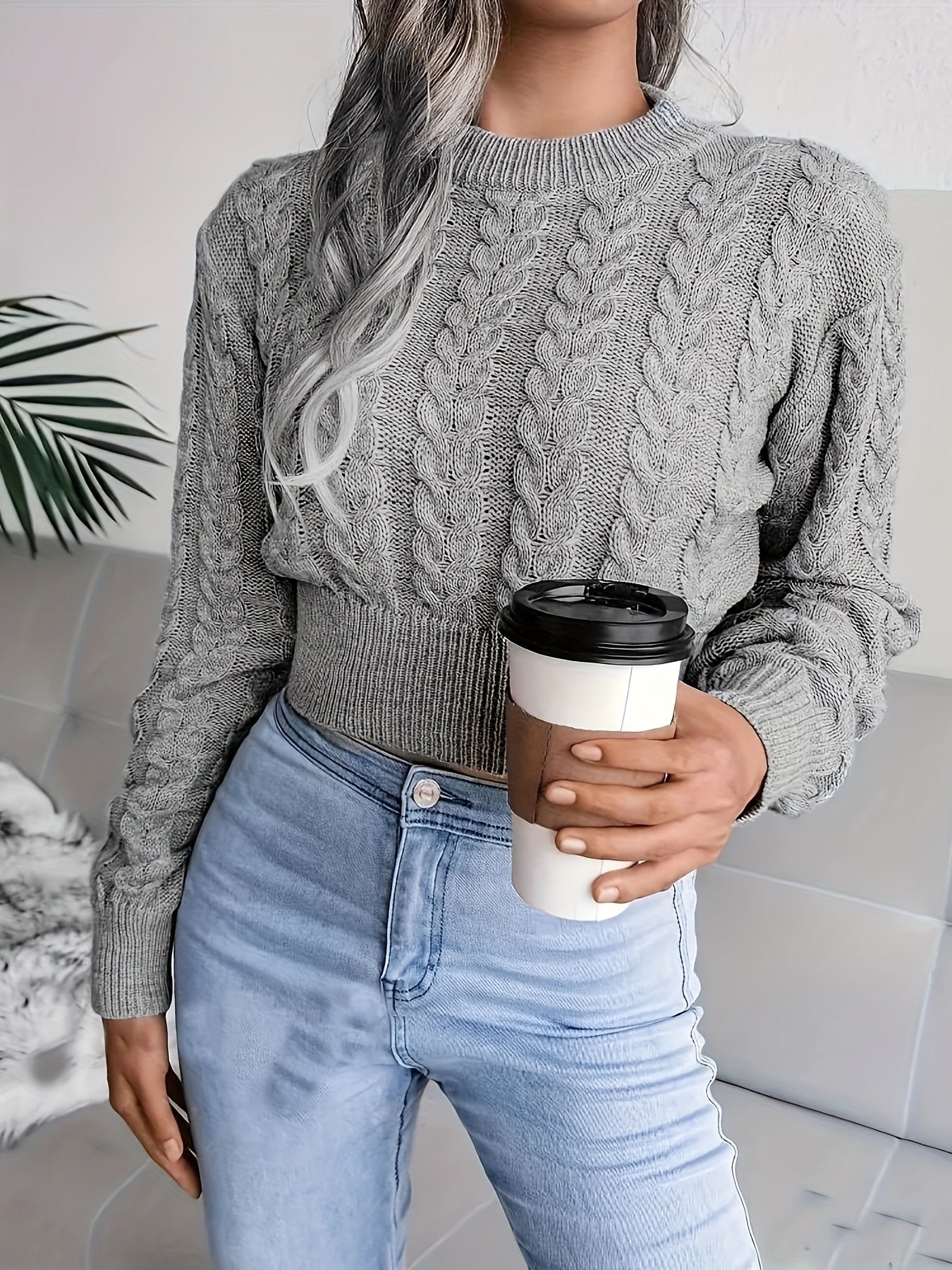 Elegant Women's Cable Knit Sweater - Solid Color, Round Neck, Long Sleeve Pullover for Fall/Winter