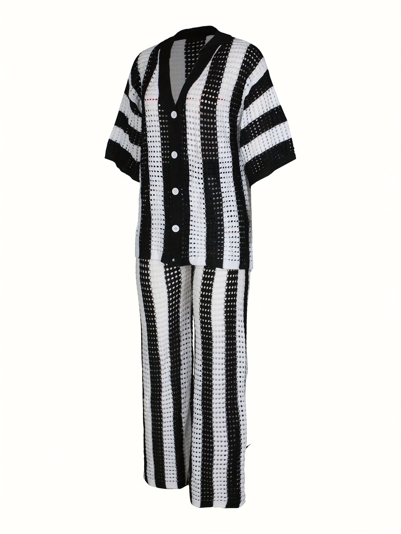 Chic Color Block Knit Top & Pants Set - V-Neck, Hollow-Out Detail, Acrylic, Striped Pattern, Single-Breasted, Vacation Ready, Casual Chic Outfit|Vneck Top|Acrylic Fabric