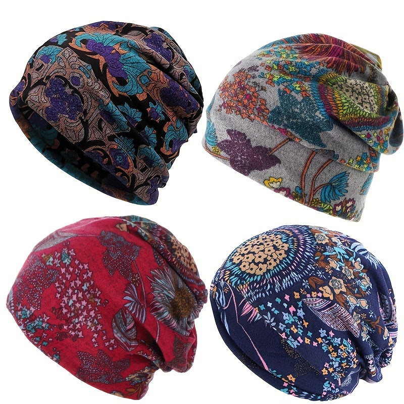 4 Pcs/set Bohemian Floral Print Brimless Beanie For Women - Autumn And Winter Warm Elastic Chemotherapy Cap, Lightweight Multi Functional Headscarf - Multi Functional Neck Cover