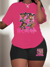Women's casual cartoon print, polyester knit T-shirt and shorts leggings set, crewneck short sleeves, regular fit, all seasons