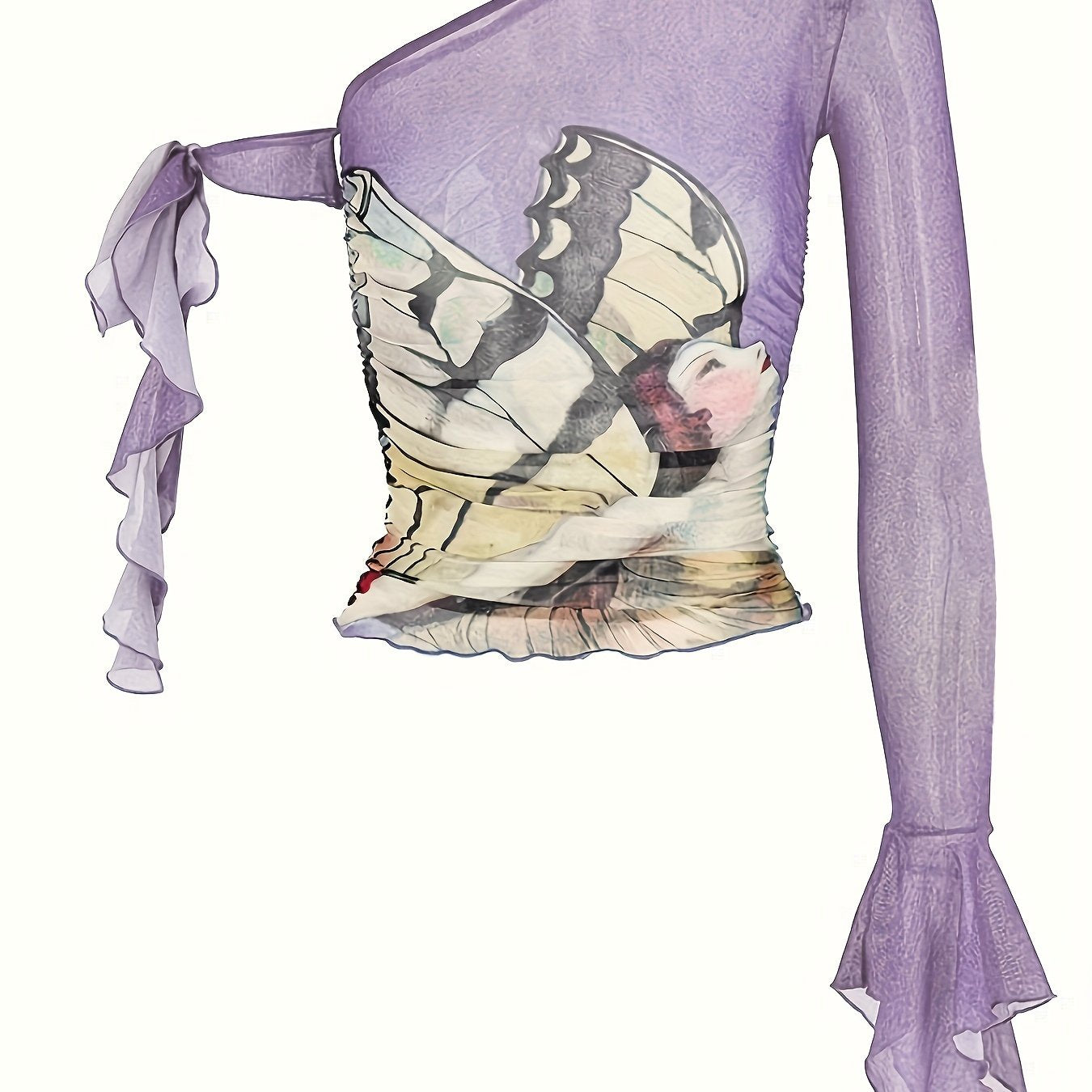 Figure Print Ruffle Trim Asymmetric T-shirt, Y2K Sheer Mesh Long Sleeve Top, Women's Clothing